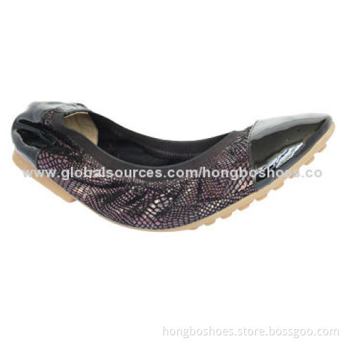 Women's Leather Dress Shoes, elastic, black leather toe, rubber flat outsole, low-heel
